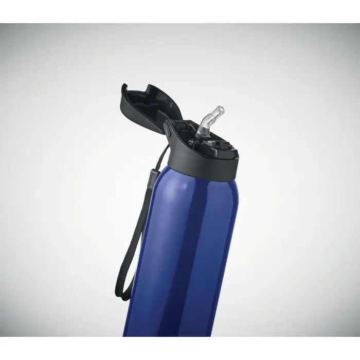 Flacon cu perete dublu 580 ml albastru metalic cu capac negru si pai si curea de mana