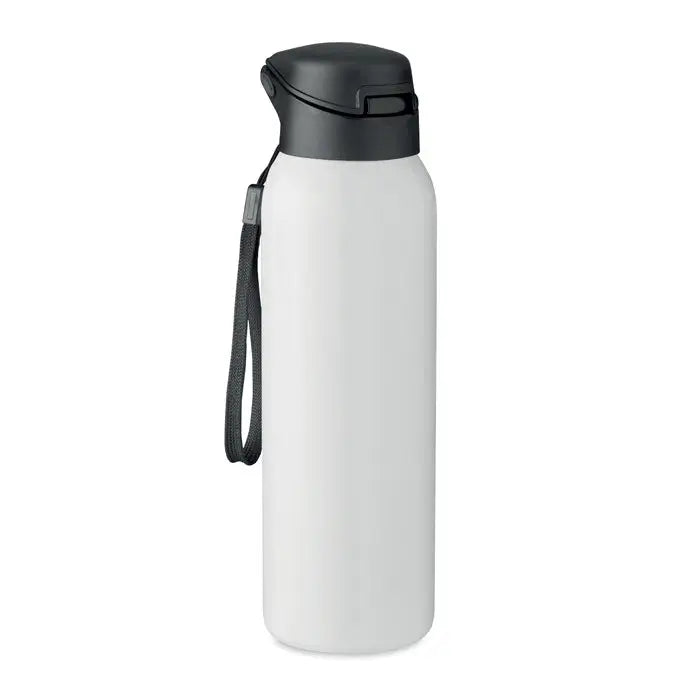 Flacon cu perete dublu 580 ml alb izolat cu capac negru flip-top si curea de mana asortata