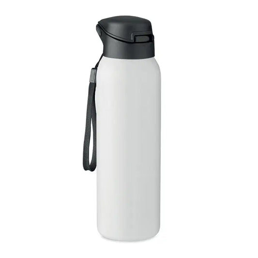 Flacon cu perete dublu 580 ml alb izolat cu capac negru flip-top si curea de mana asortata