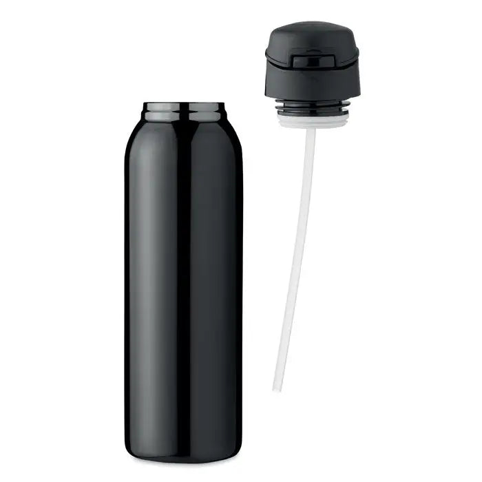 Flacon cu perete dublu 580 ml negru din otel inoxidabil izolat cu capac flip-top negru si pai alb atasat