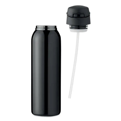 Flacon cu perete dublu 580 ml negru din otel inoxidabil izolat cu capac flip-top negru si pai alb atasat