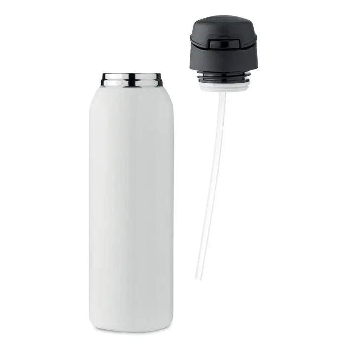 Flacon cu perete dublu alb izolat 580 ml cu corp cilindric si capac negru cu pai integrat