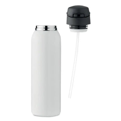 Flacon cu perete dublu alb izolat 580 ml cu corp cilindric si capac negru cu pai integrat