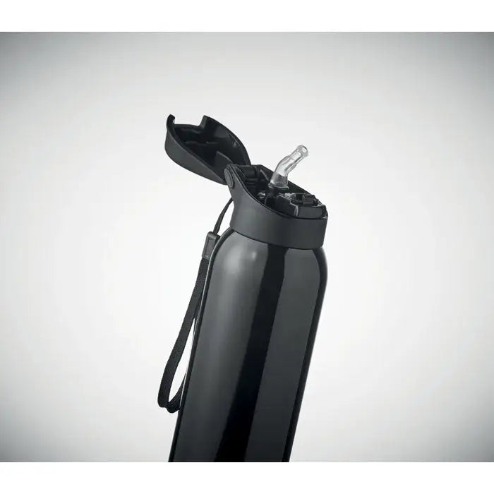 Flacon cu perete dublu negru, izolat termic, cu finisaj lucios si capac flip-top cu pai integrat de 580 ml