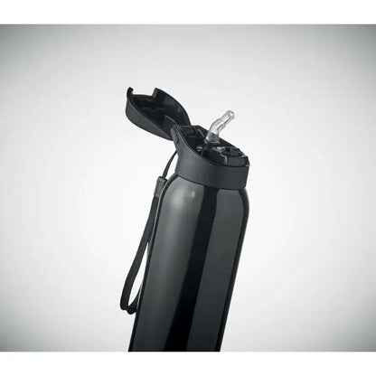 Flacon cu perete dublu negru, izolat termic, cu finisaj lucios si capac flip-top cu pai integrat de 580 ml