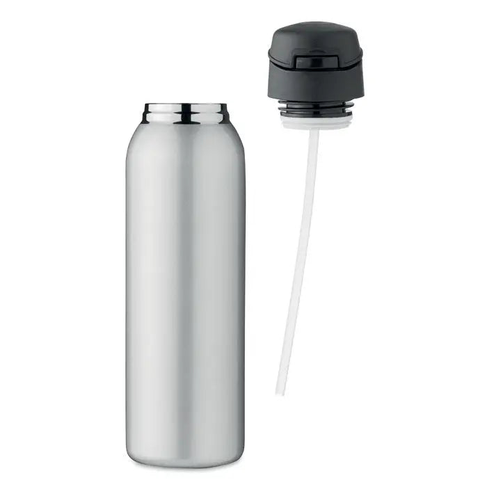 Flacon cu perete dublu 580 ml sticla izolata din otel inoxidabil argintiu cu capac negru si pai alb