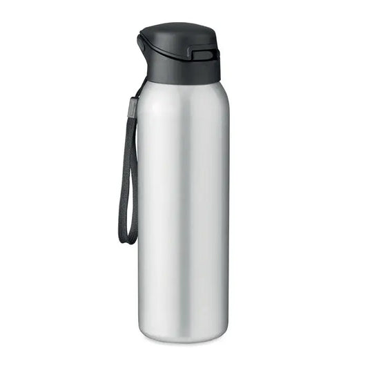 Flacon cu perete dublu 580 ml, sticla de apa argintie din inox cu capac negru rabatabil si curea de transport