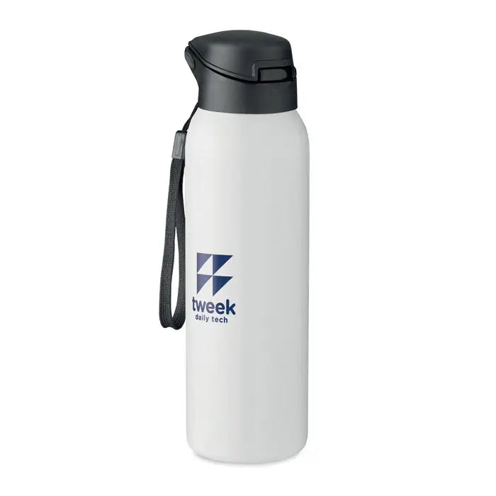 Flacon cu perete dublu 580 ml alb, izolat, cu capac negru flip-top si bretea, logo albastru tweek daily tech