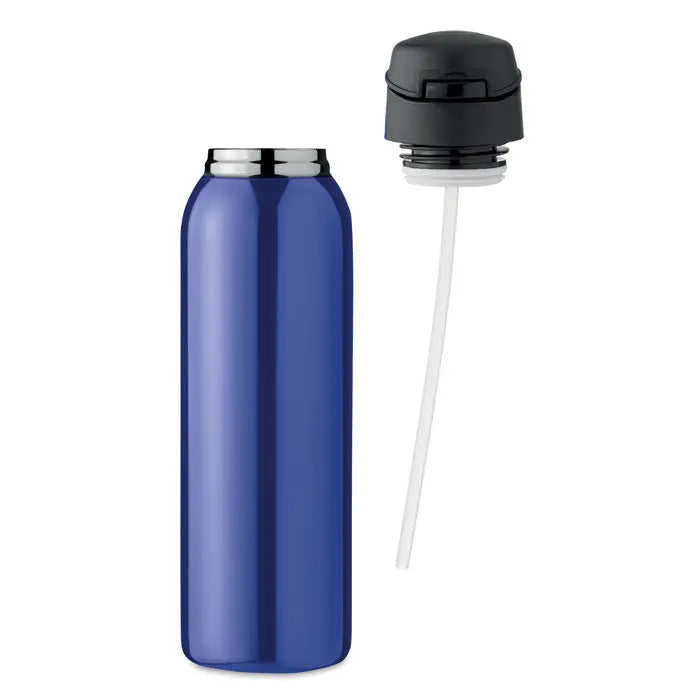 Flacon cu perete dublu 580 ml albastru metalic cu capac negru înfiletat și pai atașat pentru băuturi reci sau calde