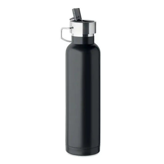 Flacon cu perete dublu 660 ml sticla neagra izolata cu capac si maner argintiu din metal
