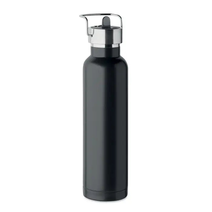 Flacon cu perete dublu 660 ml din oțel inoxidabil negru cu capac argintiu rabatabil și mâner pentru apă