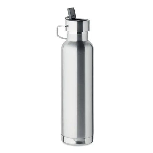 Flacon cu perete dublu 660 ml sticla din otel inoxidabil finisaj mat capac negru cu clapeta si maner integrat
