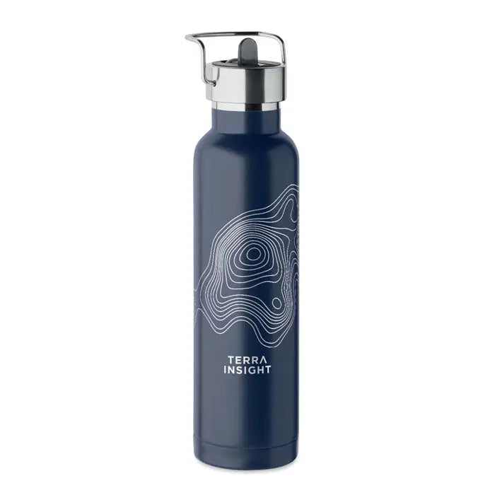 Flacon cu perete dublu 660 ml din otel inoxidabil bleumarin cu design topografic alb si branding terra insight
