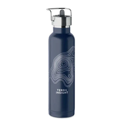 Flacon cu perete dublu 660 ml din otel inoxidabil bleumarin cu design topografic alb si branding terra insight