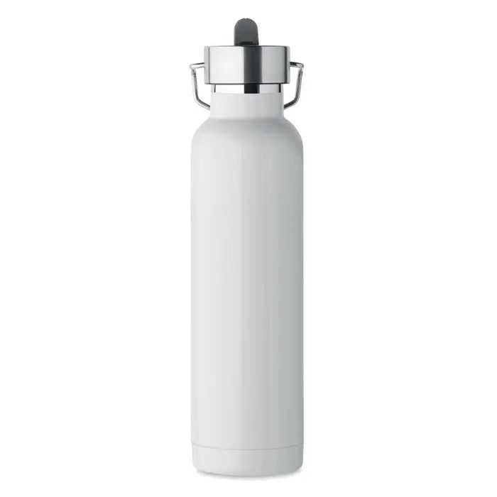 Flacon cu perete dublu 660 ml alb din otel inoxidabil cu capac argintiu si negru si doua manere metalice laterale