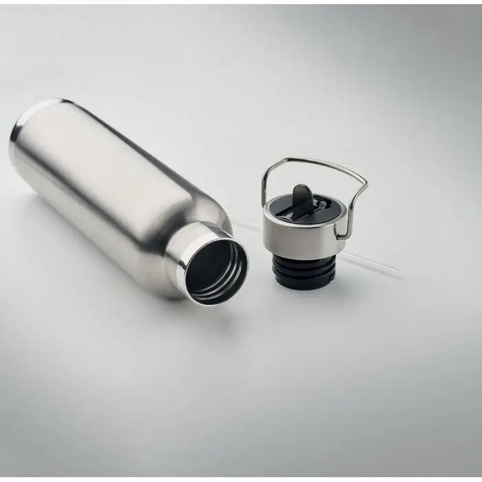 Flacon cu perete dublu 660 ml sticla din otel inoxidabil cu finisaj reflectorizant si capac negru cu maner integrat