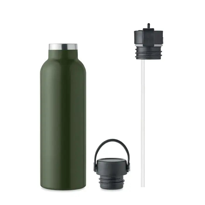 Flacon cu perete dublu 700 ml verde măsliniu izolat cu capac negru cu filet și pai atașabil