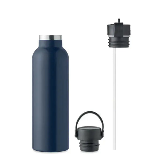 Flacon cu perete dublu 700 ml albastru închis izolat, cu margine argintie, capac negru, pai și mâner ergonomic