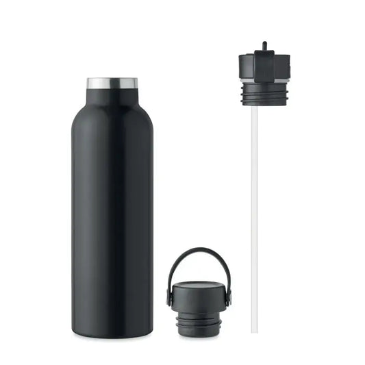 Flacon cu perete dublu 700 ml negru mat din inox cu margine argintie, capac negru si pai detasabil