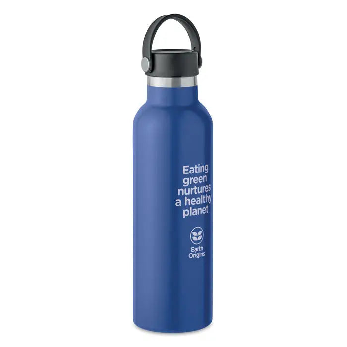 Flacon cu perete dublu 700 ml albastru din otel inoxidabil cu capac negru si text alb eating green nurtures a healthy planet