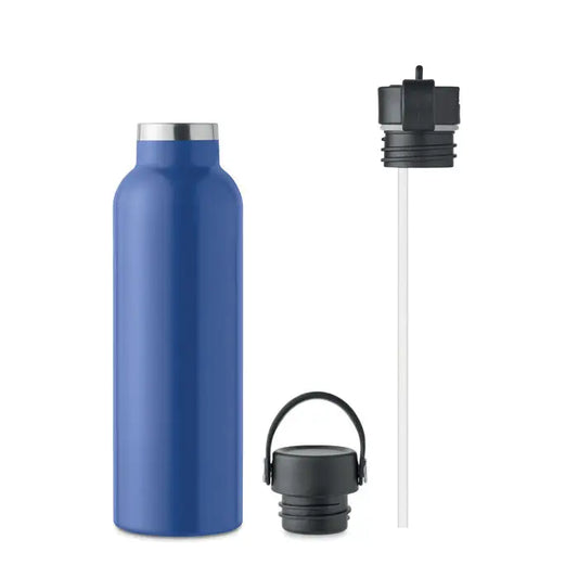 Flacon cu perete dublu 700 ml din otel inoxidabil albastru cu capac negru si pai incorporat