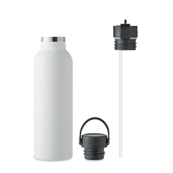 Flacon cu perete dublu 700 ml alb din otel inoxidabil mat cu capac negru si pai atasat