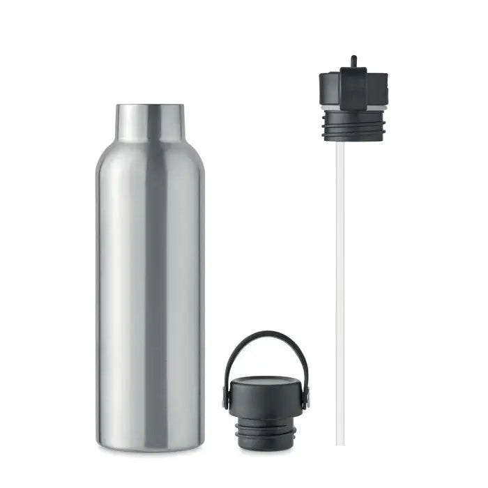 Flacon cu perete dublu 700 ml sticla din otel inoxidabil argintie cu capac negru si pai asortat