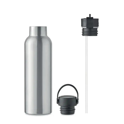 Flacon cu perete dublu 700 ml sticla din otel inoxidabil argintie cu capac negru si pai asortat