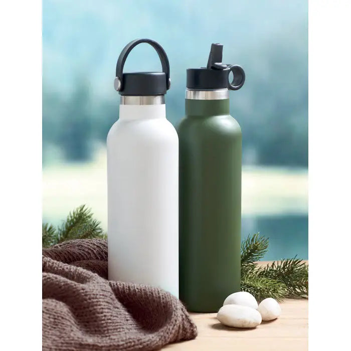 Flacon cu perete dublu 700 ml cu doua sticle moderne din otel inoxidabil izolante alb mat si verde masliniu
