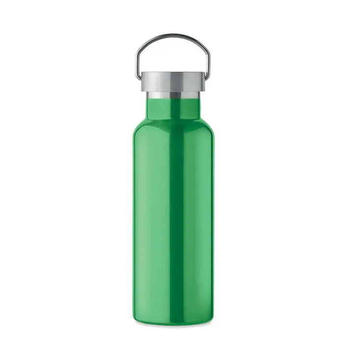 Flacon cu perete dublu de 500 ml verde vibrant din otel inoxidabil cu capac si maner argintiu