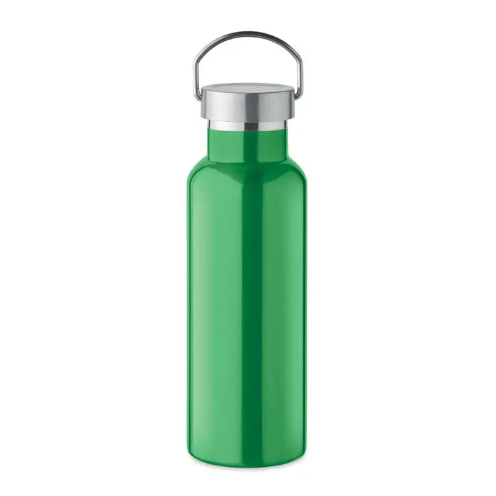 Flacon cu perete dublu de 500 ml din oțel inoxidabil verde vibrant cu capac argintiu și mâner