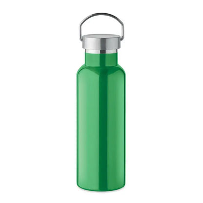 Flacon cu perete dublu de 500 ml din oțel inoxidabil verde vibrant cu capac argintiu și mâner