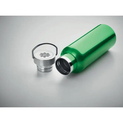 Flacon cu perete dublu de 500 ml verde vibrant din otel inoxidabil cu capac argintiu gravat si maner integrat