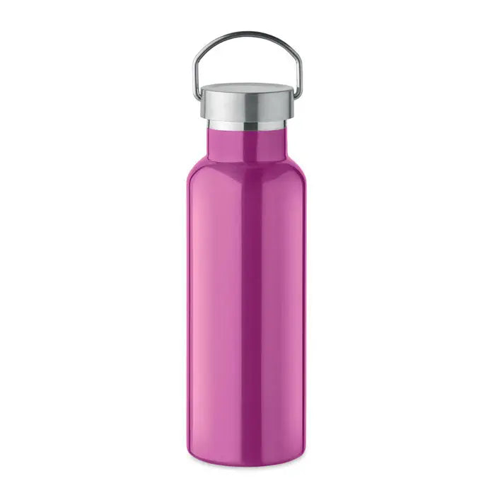 Flacon cu perete dublu de 500 ml din inox magenta vibrant cu capac argintiu si bucla integrata pentru transport