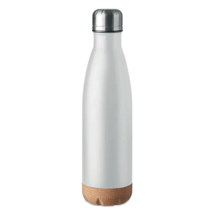 Flacon cu perete dublu de 500 ml inox mat alb cu capac argintiu si baza din plută naturala
