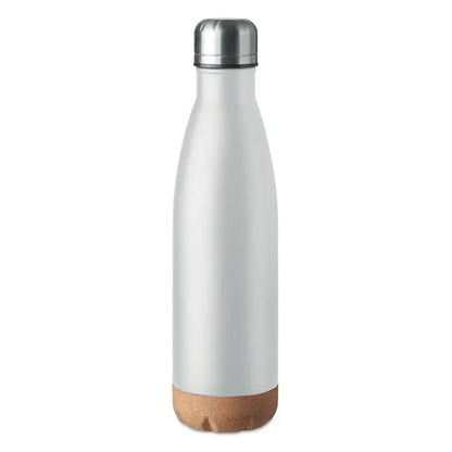Flacon cu perete dublu de 500 ml inox mat alb cu capac argintiu si baza din plută naturala