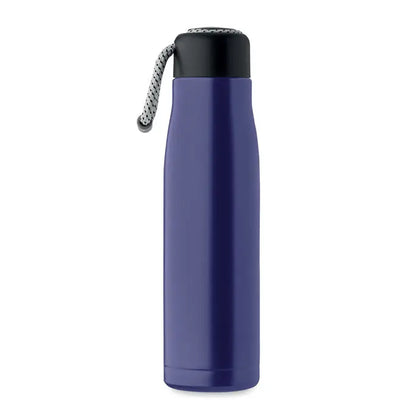 Flacon cu perete dublu de 500 ml mat violet inchis cu capac negru si curea impletita gri si alba