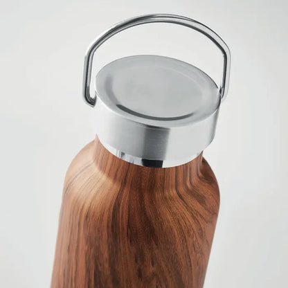 Flacon cu perete dublu de 500 ml cu finisaj maro lemn si capac inox lustruit cu maner integrat