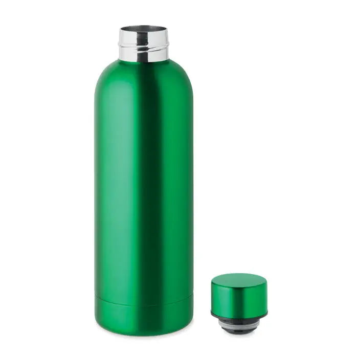 Flacon cu perete dublu de 500 ml verde vibrant cu margine si capac metalic argintiu lucios