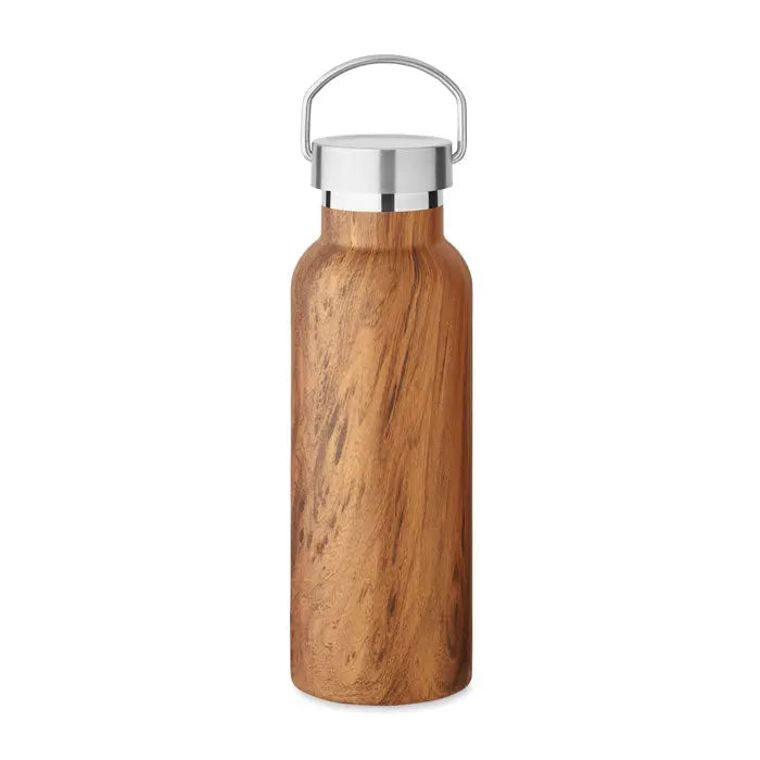 Flacon cu perete dublu de 500 ml cu finisaj maro lemn si capac inox lustruit cu maner integrat