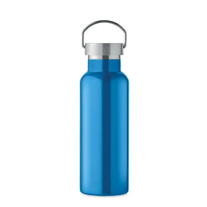 Flacon cu perete dublu de 500 ml sticla plata vibranta albastra din otel inoxidabil cu capac argintiu si maner integrat