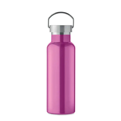 Flacon cu perete dublu de 500 ml din otel inoxidabil, magenta, cu capac argintiu si bucla integrata pentru transport
