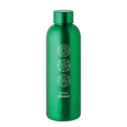 Flacon cu perete dublu de 500 ml verde metalic cu capac asortat si design frunze circulare deasupra textului trend