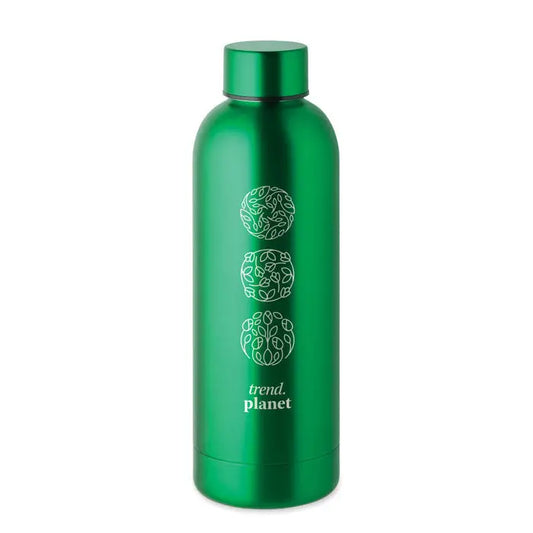 Flacon cu perete dublu de 500 ml verde metalic cu capac asortat si design frunze circulare deasupra textului trend