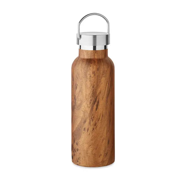 Flacon cu perete dublu de 500 ml cu finisaj natural lemn si capac metalic argintiu cu maner integrat