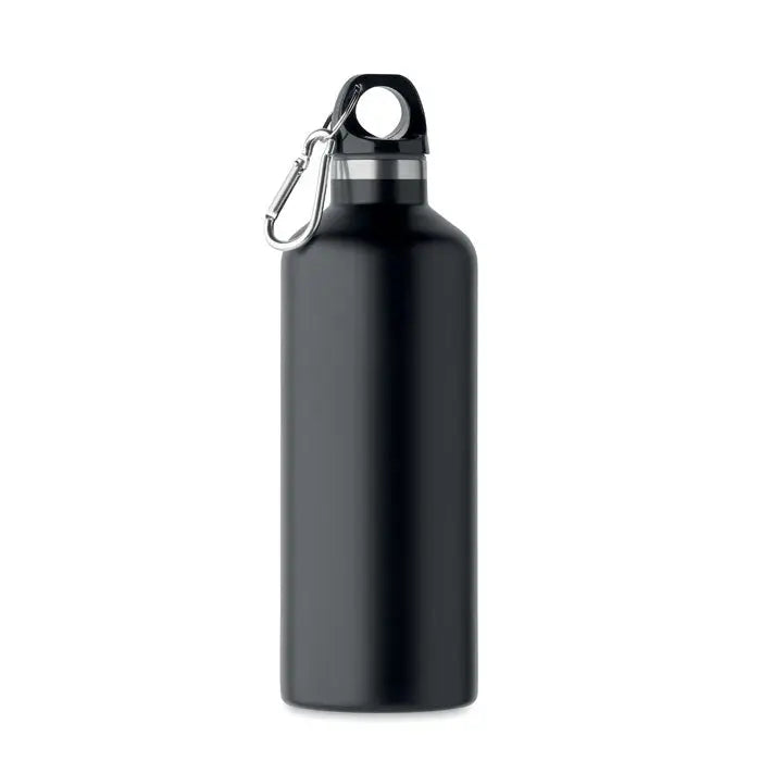 Flacon cu perete dublu de 500 ml negru mat din aluminiu cu capac cu filet si carabinier argintiu