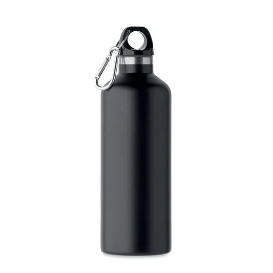 Flacon cu perete dublu de 500 ml negru mat din aluminiu cu capac cu filet si carabinier argintiu