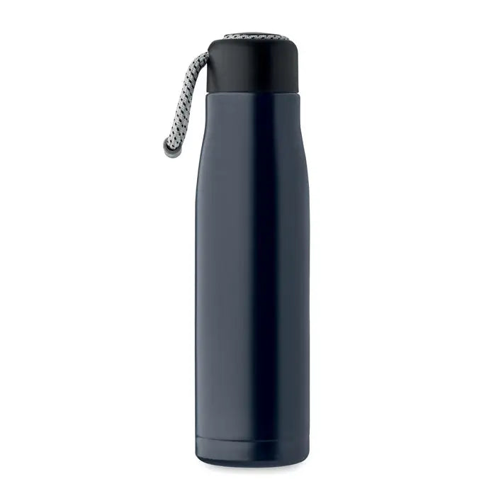 Flacon cu perete dublu de 500 ml, sticla izolata albastru inchis cu capac negru si curea gri impletita