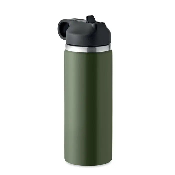 Flacon cu perete dublu de 500 ml verde măsliniu izolat, cu capac negru rabatabil și inel argintiu