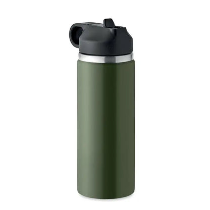 Flacon cu perete dublu de 500 ml verde măsliniu izolat, cu capac negru rabatabil și inel argintiu